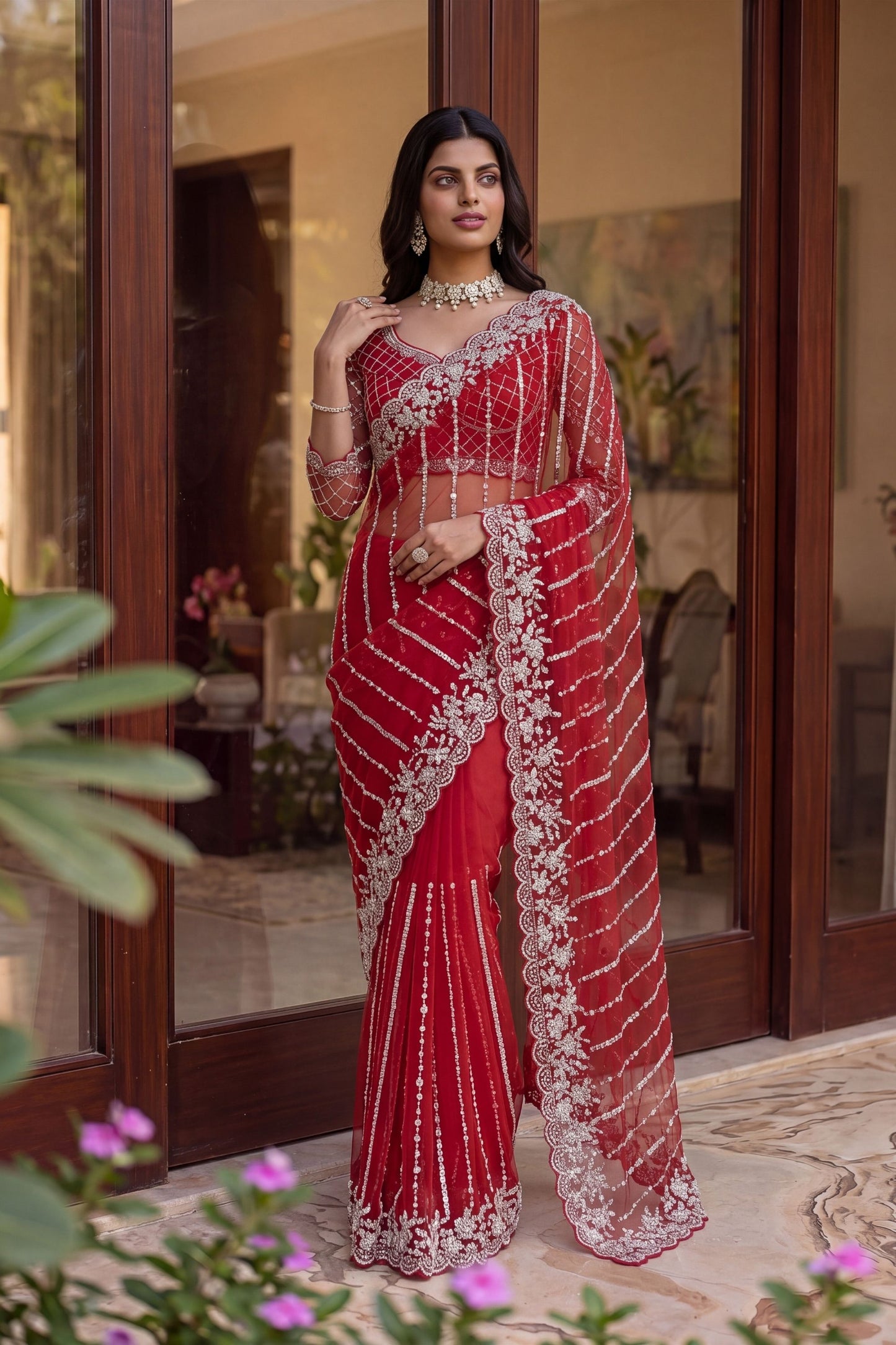Stunning Red Net Saree Beads Pearls Embroidery Work for Women