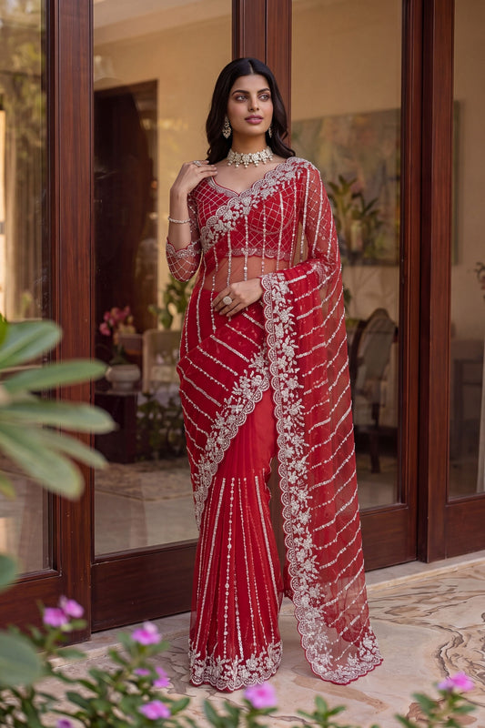 Stunning Red Net Saree Beads Pearls Embroidery Work for Women
