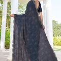 Elegant Navy Blue Fendy Satin Silk Heavy Hand Work Saree for Women