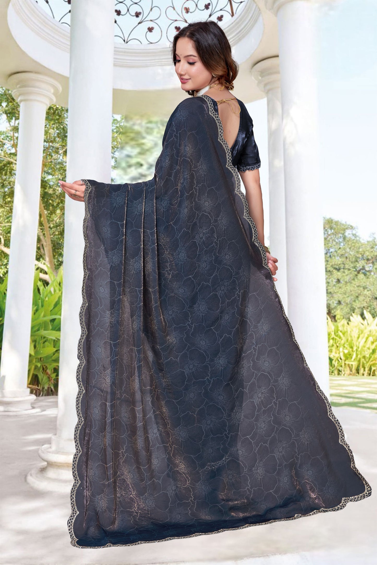 Elegant Navy Blue Fendy Satin Silk Heavy Hand Work Saree for Women
