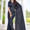 Elegant Navy Blue Fendy Satin Silk Heavy Hand Work Saree for Women