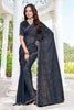 Elegant Navy Blue Fendy Satin Silk Heavy Hand Work Saree for Women