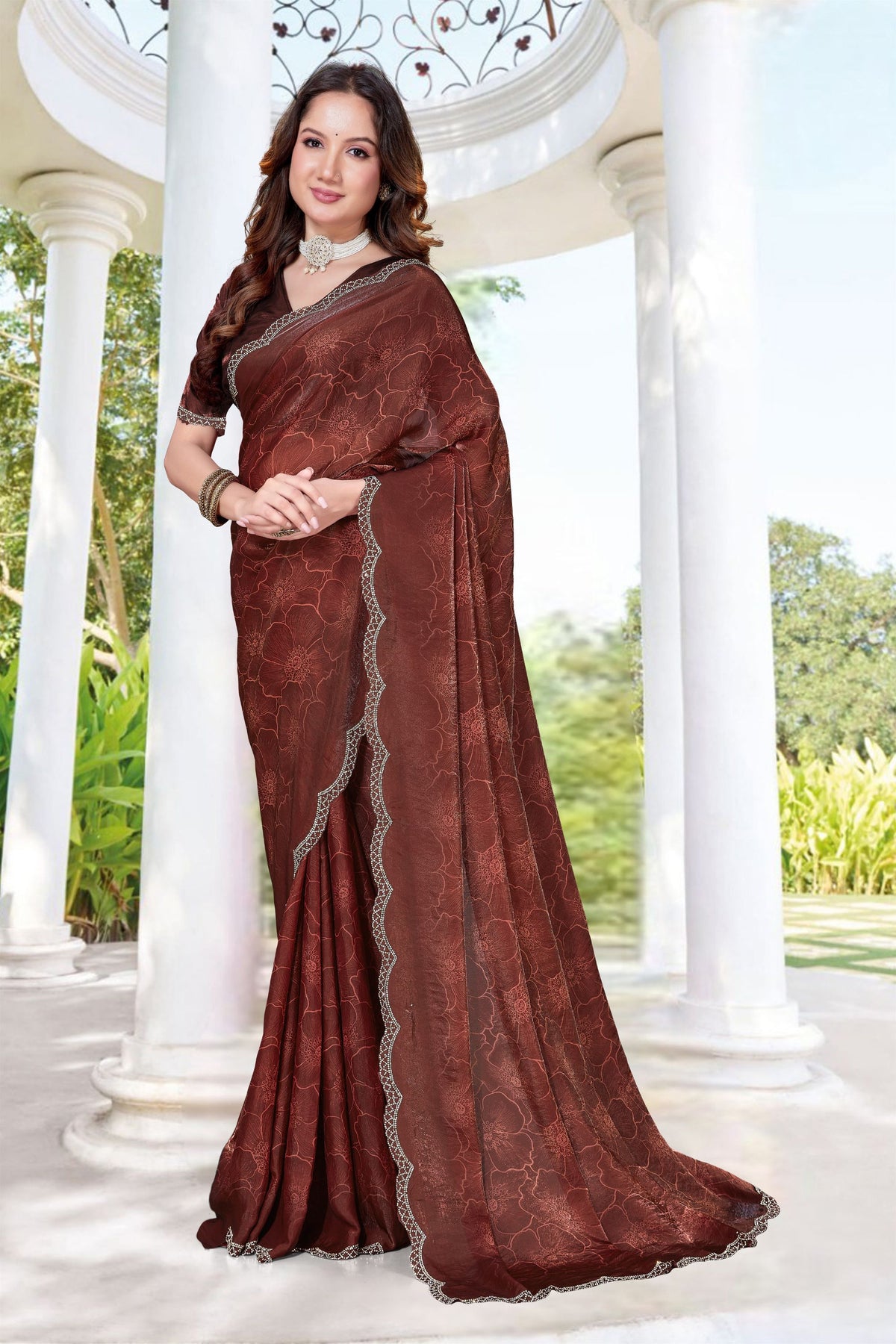 Premium Brown Fendy Satin Silk Heavy Hand Work Saree for Women