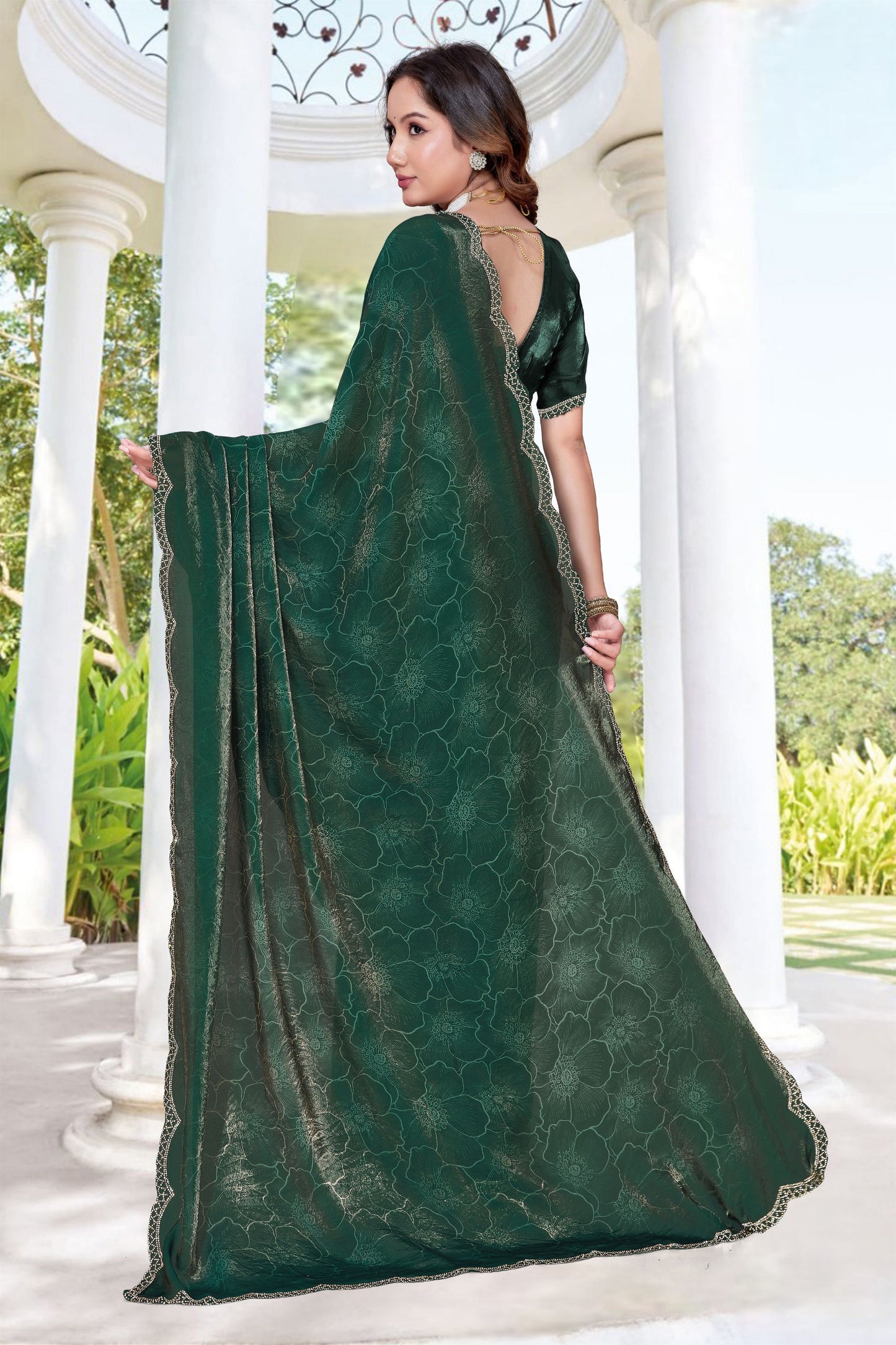 Graceful Dark Green Fendy Satin Silk Heavy Hand Work Saree for Women