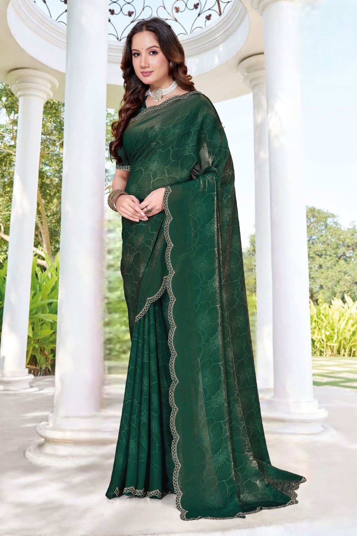 Graceful Dark Green Fendy Satin Silk Heavy Hand Work Saree for Women