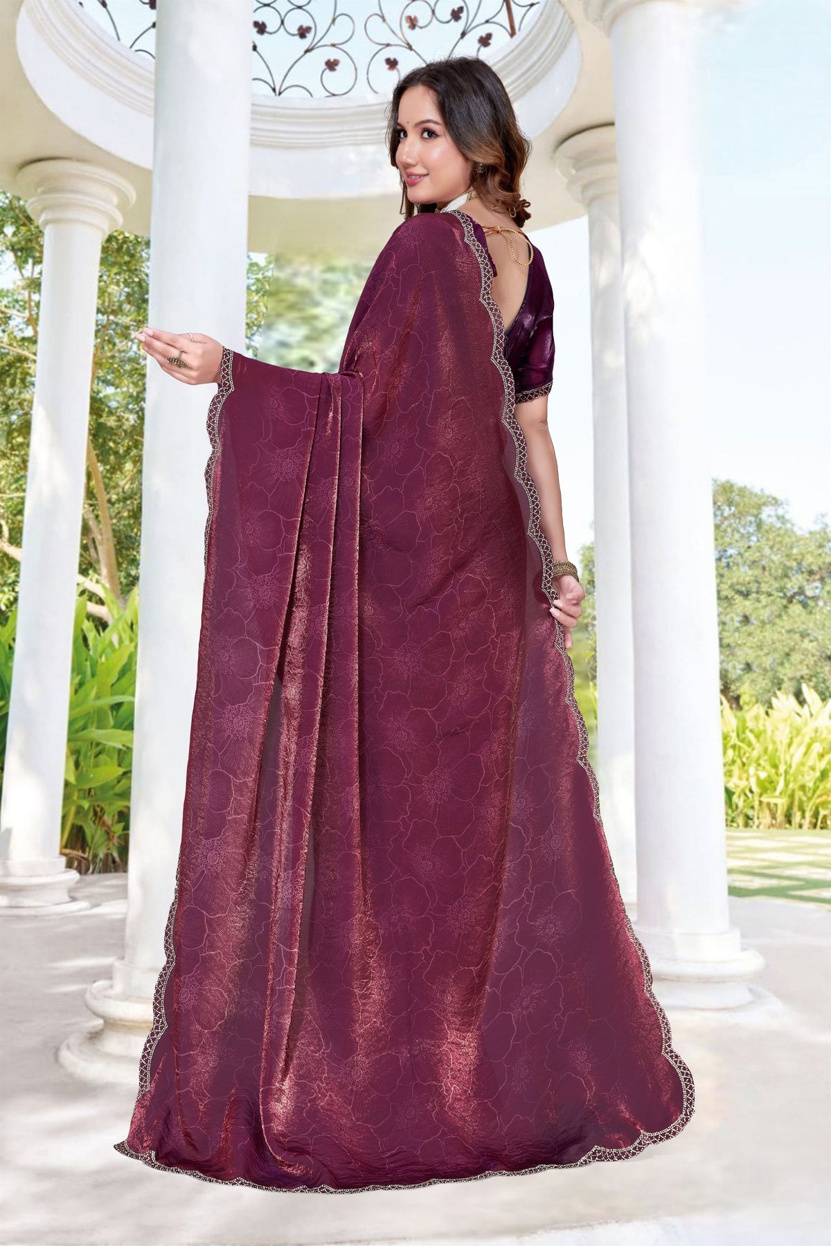 Elegant Wine Fendy Satin Silk Heavy Hand Work Saree for Women
