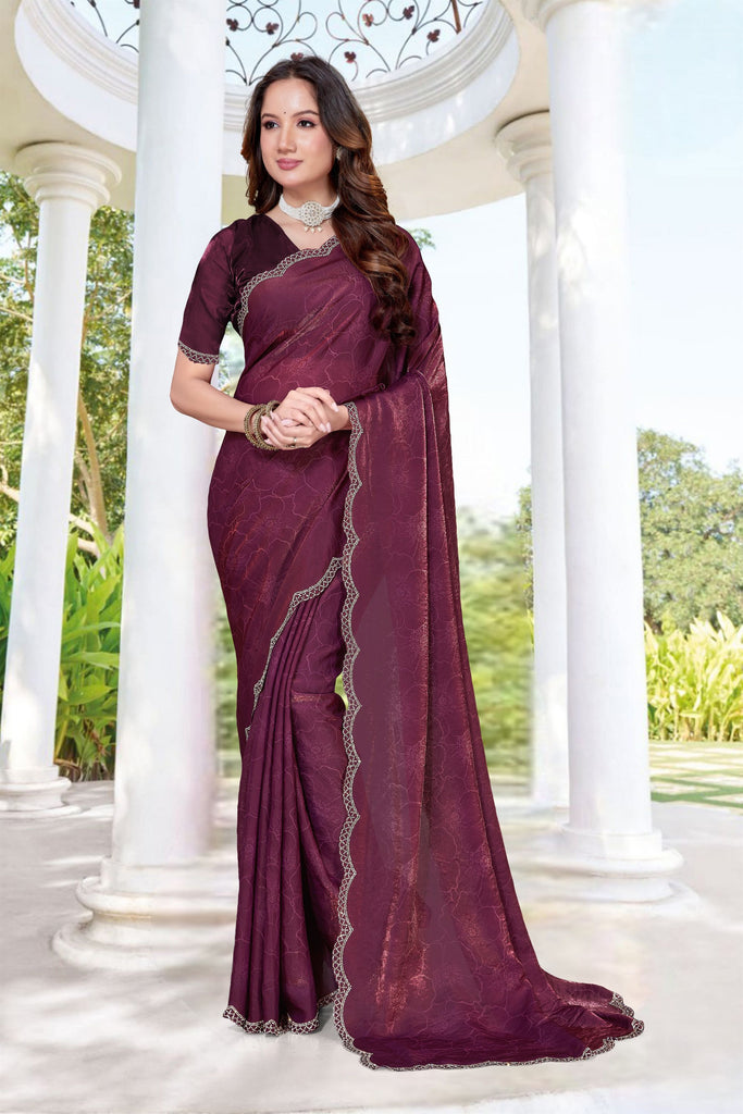Elegant Wine Fendy Satin Silk Heavy Hand Work Saree for Women