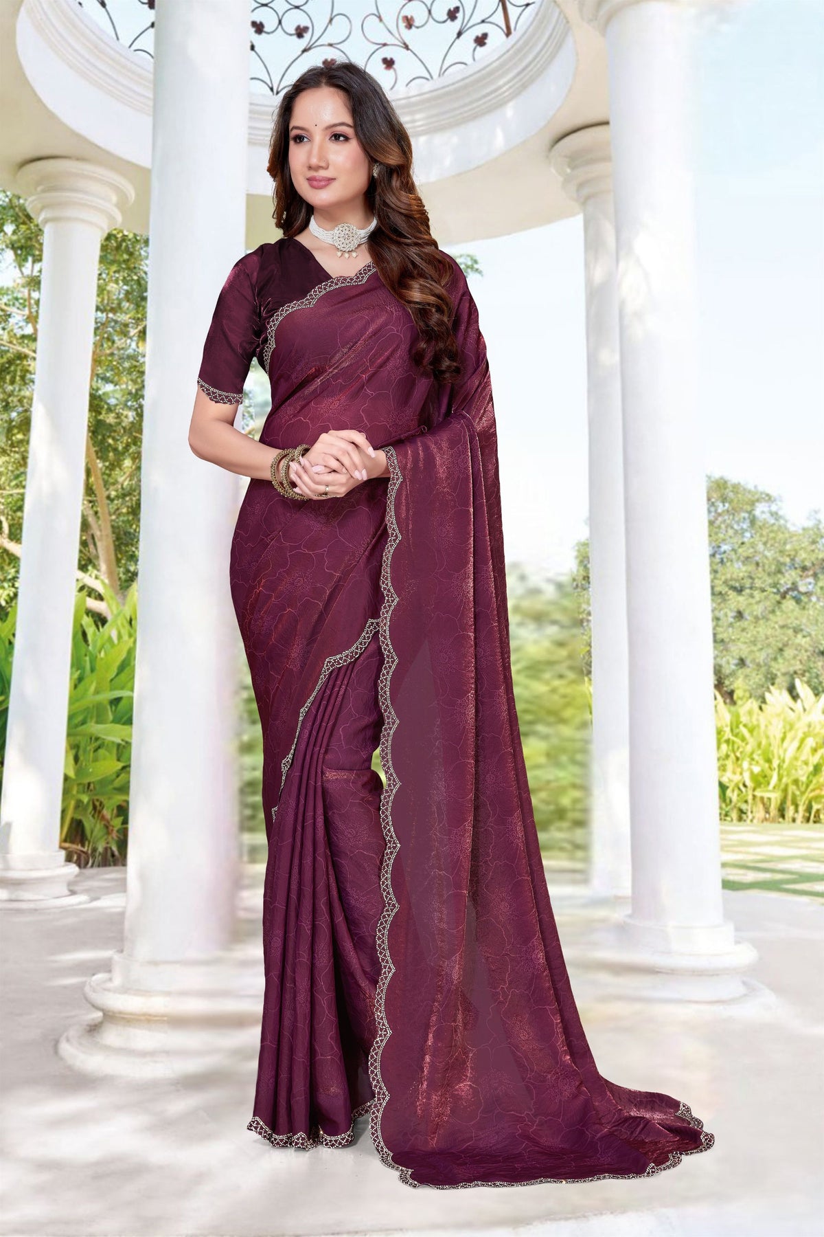 Elegant Wine Fendy Satin Silk Heavy Hand Work Saree for Women