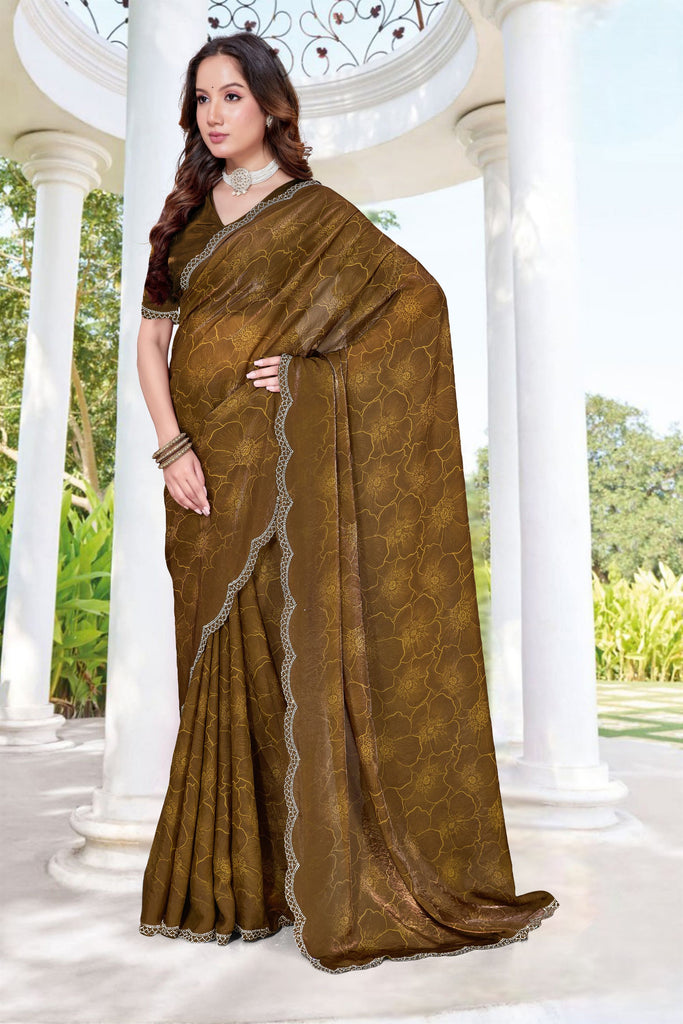 Premium Olive Green Fendy Satin Silk Heavy Hand Work Saree for Women