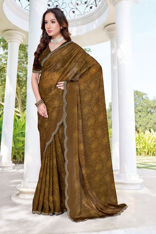 Premium Olive Green Fendy Satin Silk Heavy Hand Work Saree for Women