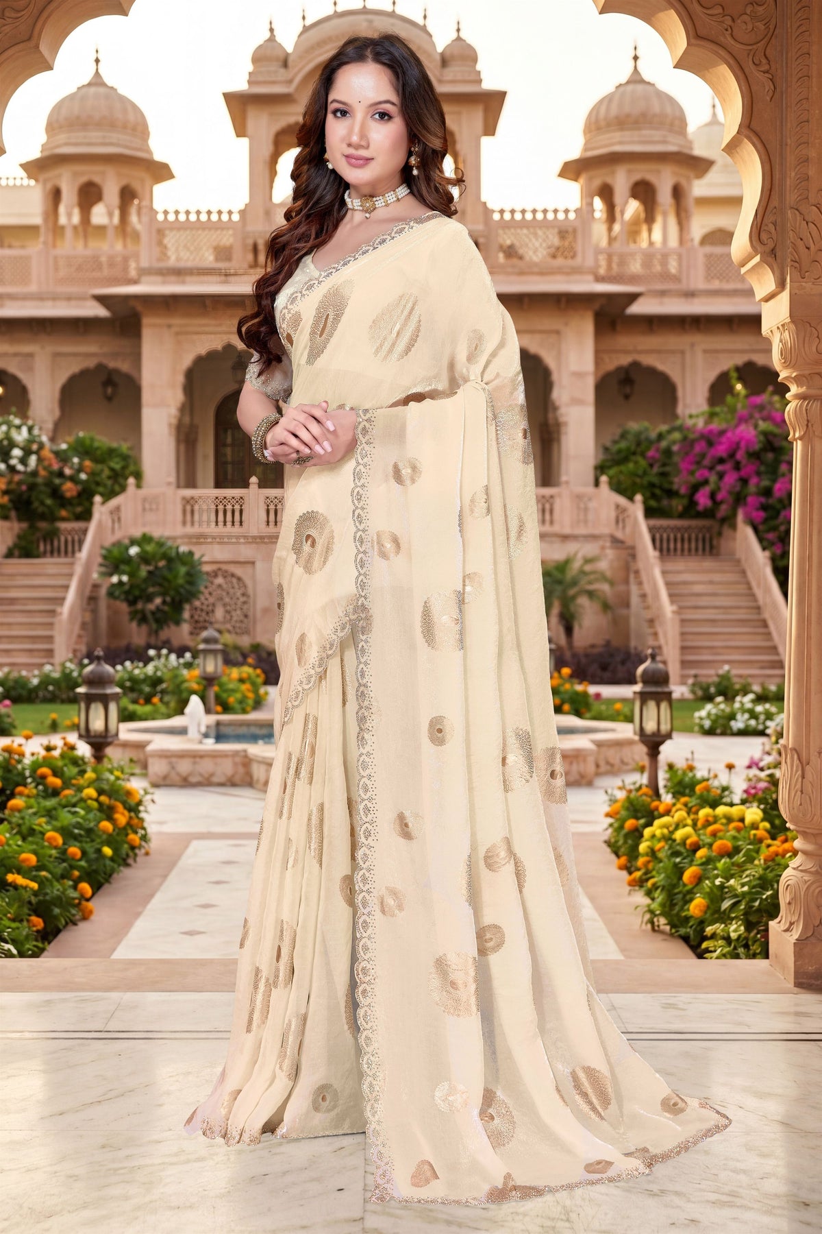 Premium Cream Fendy Silk Heavy Hand Work Saree for Women