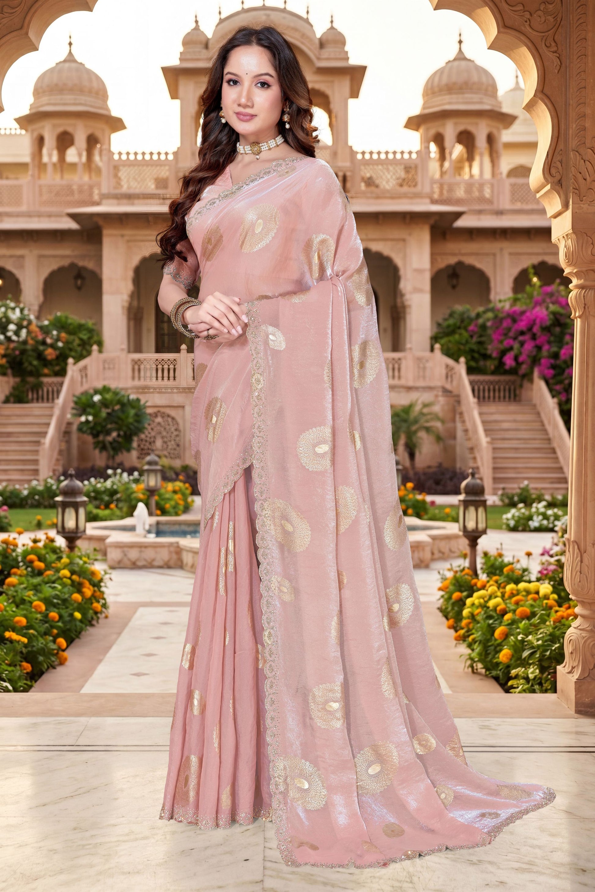 Beautiful Peach Pink Fendy Silk Heavy Hand Work Saree for Women