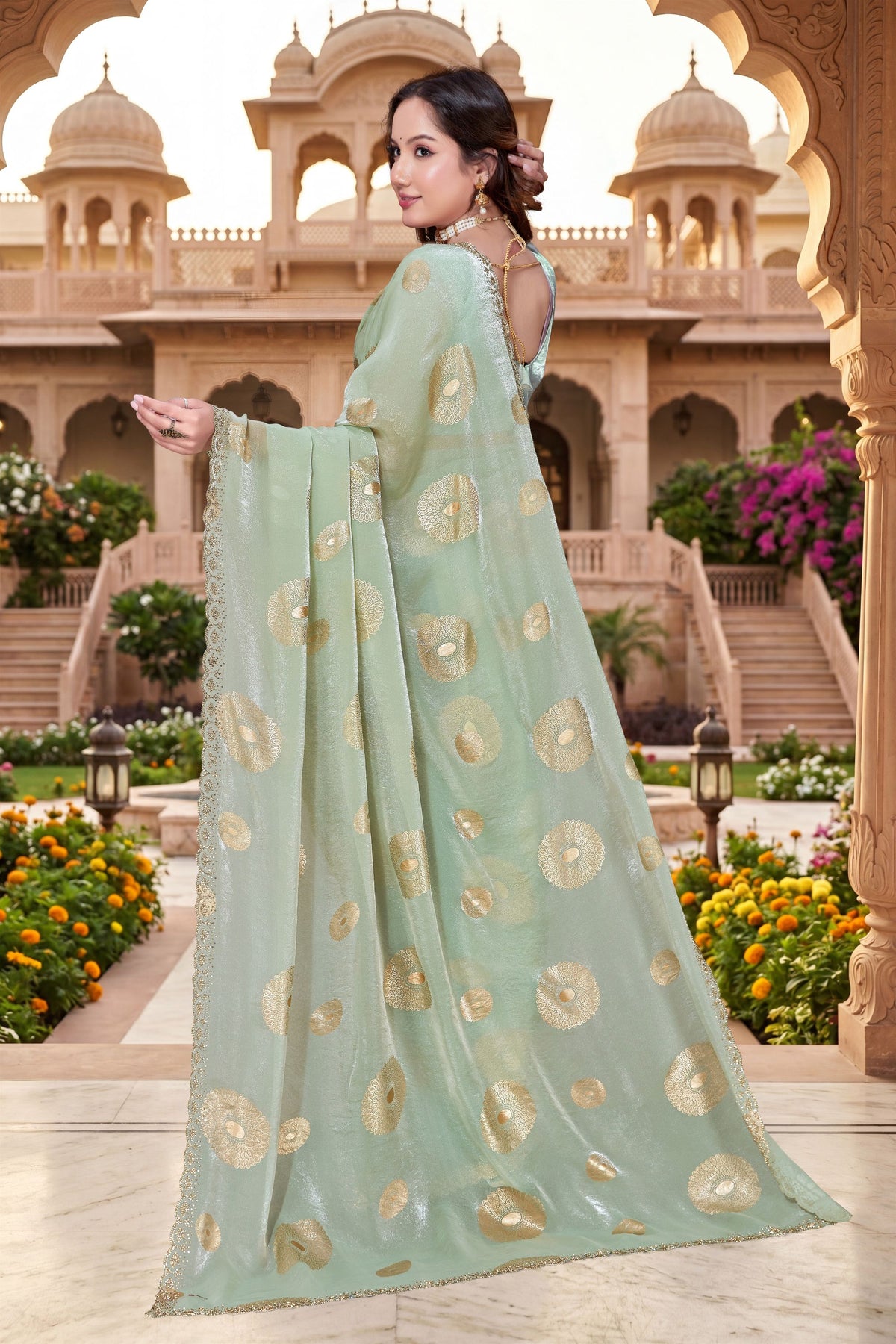 Graceful Mint Green Fendy Silk Heavy Hand Work Saree for Women