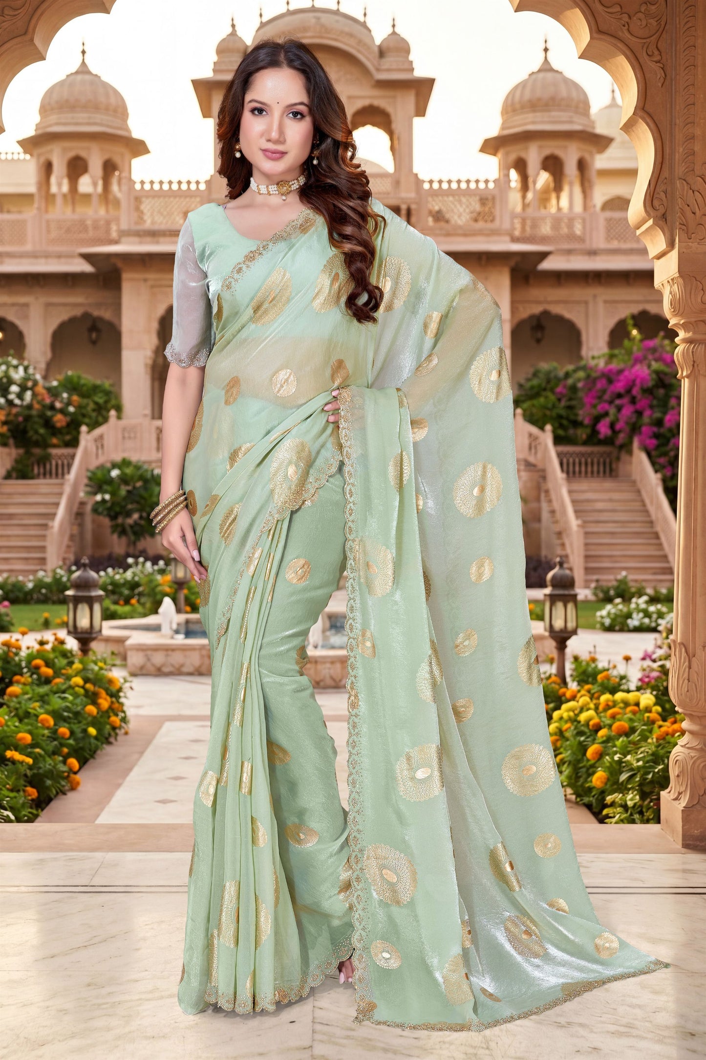 Graceful Mint Green Fendy Silk Heavy Hand Work Saree for Women