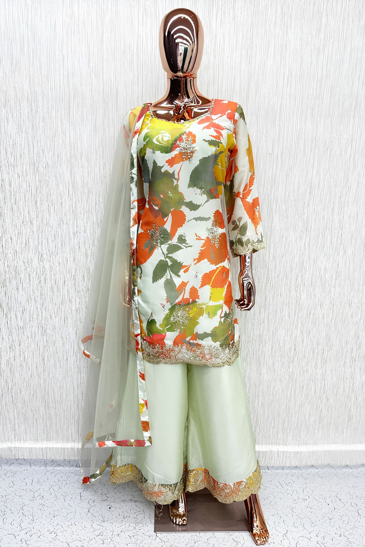 Elegant Cream Chinon Thread Embroidery Work Kurta Palazzo Set for Women