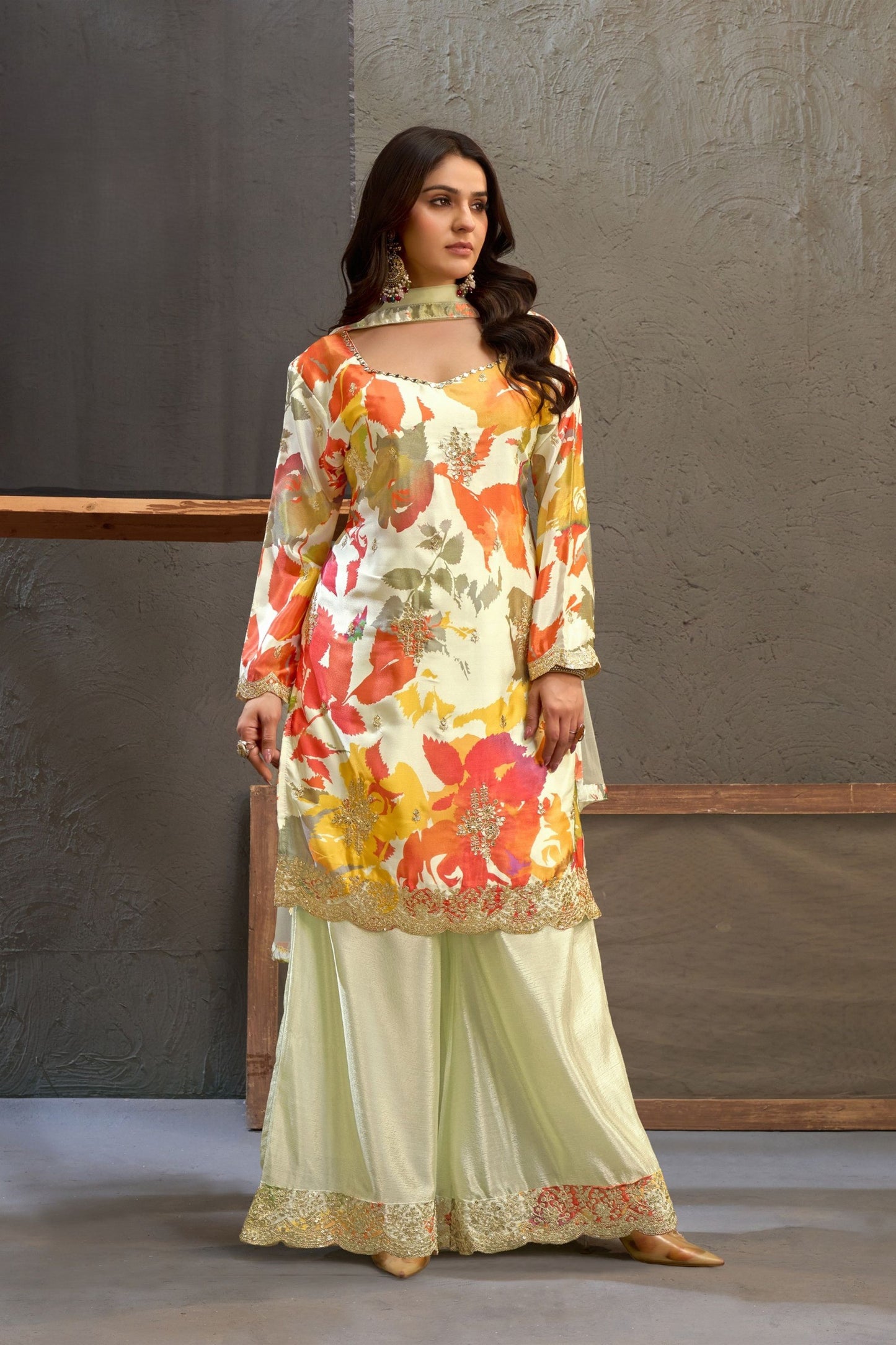 Elegant Cream Chinon Thread Embroidery Work Kurta Palazzo Set for Women