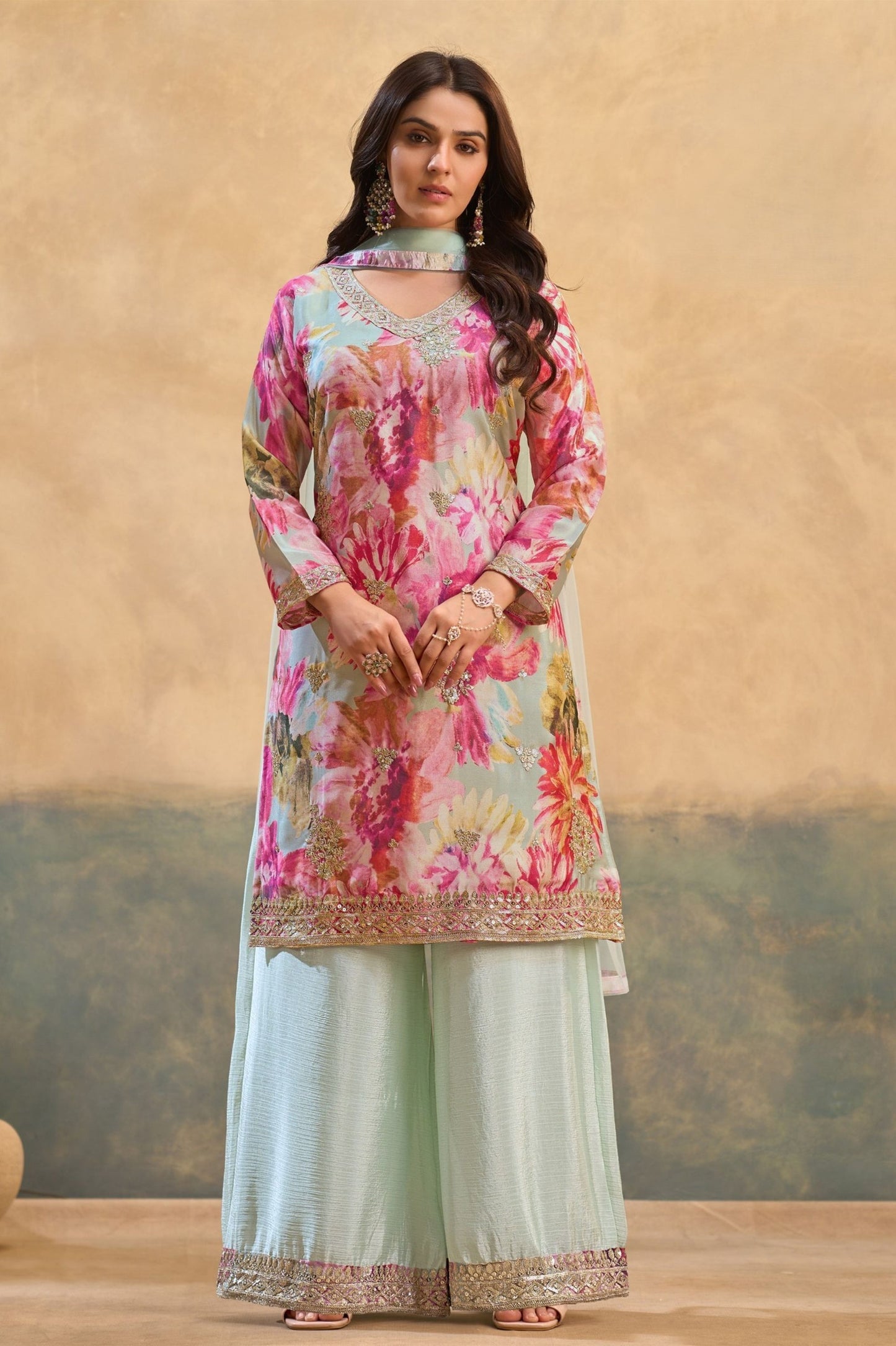 Graceful Pastel Green Chinon Thread Embroidery Work Kurta Palazzo Set for Women