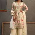 Premium Off White Chinon Thread Embroidery Work Kurta Palazzo Set for Women