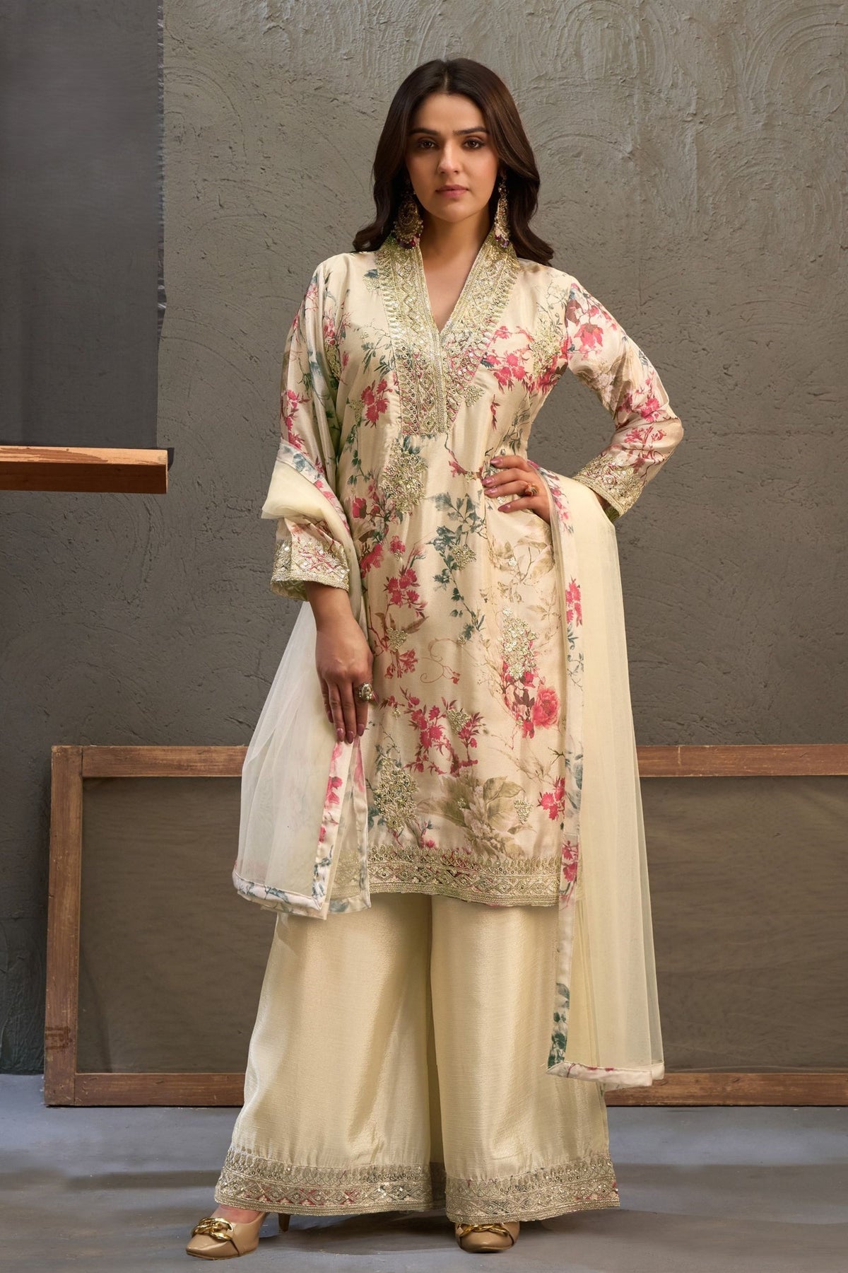 Premium Off White Chinon Thread Embroidery Work Kurta Palazzo Set for Women