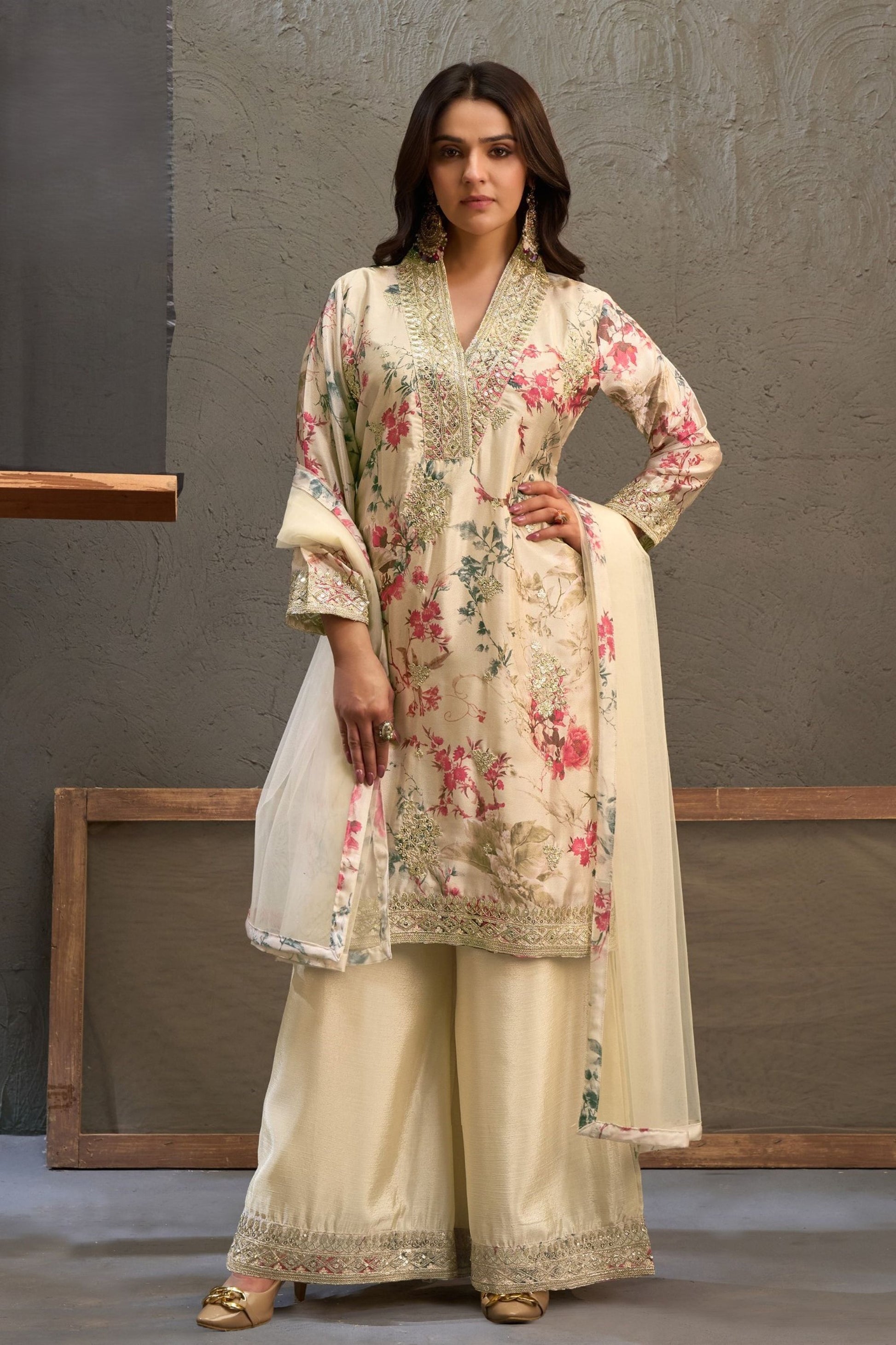 Premium Off White Chinon Thread Embroidery Work Kurta Palazzo Set for Women
