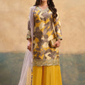Stylish Mustard Yellow Chinon Thread Embroidery Work Kurta Palazzo Set for Women