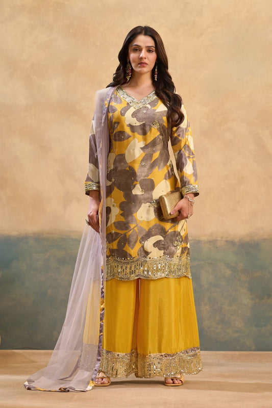 Stylish Mustard Yellow Chinon Thread Embroidery Work Kurta Palazzo Set for Women