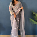 Elegant Grey Net Saree with Sequin Embroidery Work for Women