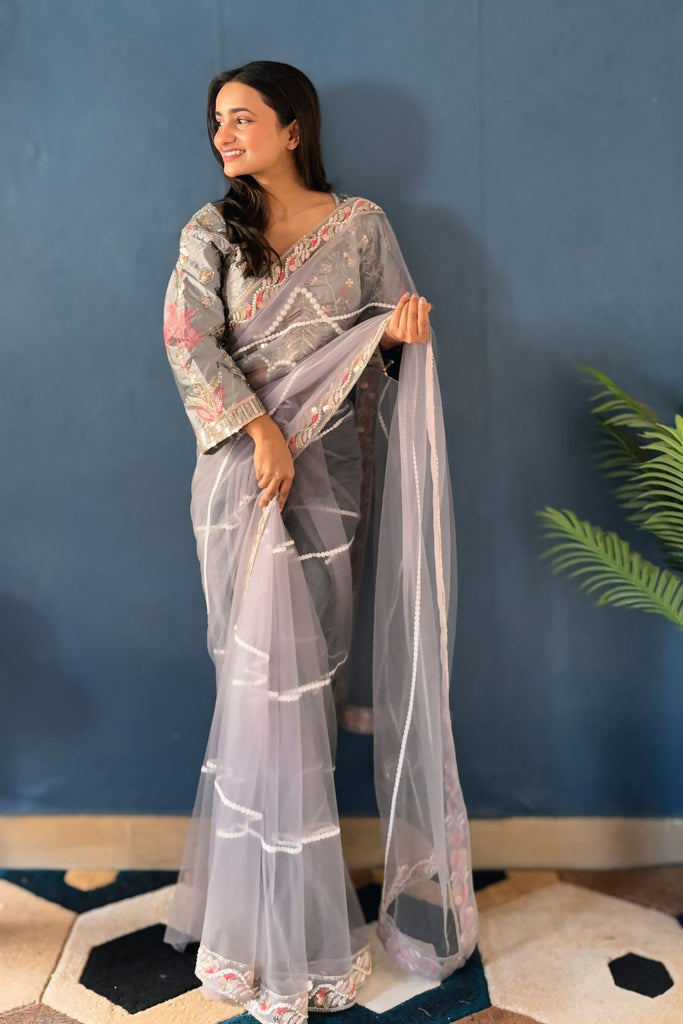 Elegant Grey Net Saree with Sequin Embroidery Work for Women