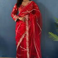 Stylish Red Net Saree with Sequin Embroidery Work for Women