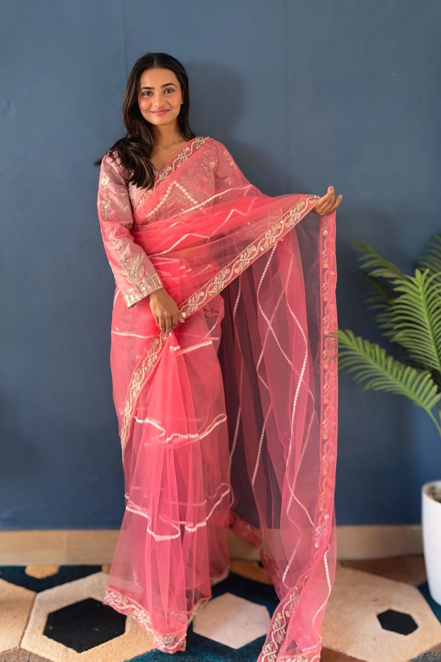Beautiful Rani Pink Net Saree Sequin Embroidery Work for Women