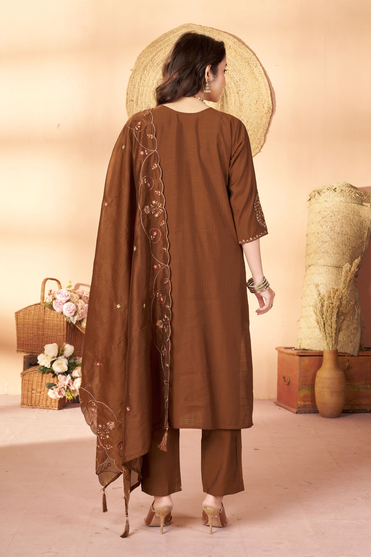 Elegant Brown Marina Silk Embroidery Hand Work Kurta Pant Set for Women