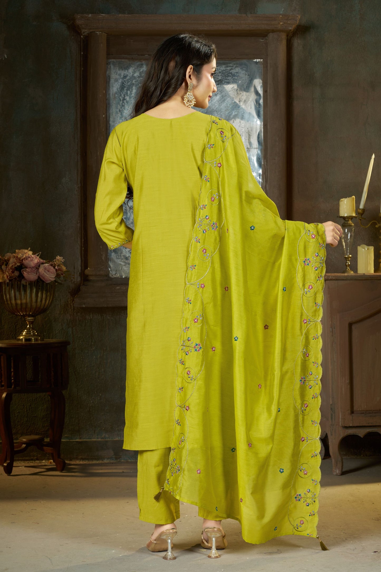 Graceful Lime Green Marina Silk Embroidery Hand Work Kurta Pant Set for Women