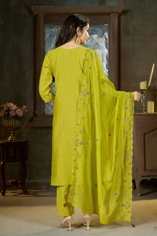 Graceful Lime Green Marina Silk Embroidery Hand Work Kurta Pant Set for Women