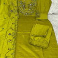 Graceful Lime Green Marina Silk Embroidery Hand Work Kurta Pant Set for Women