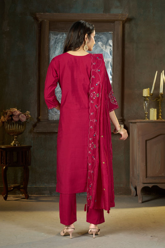Beautiful Rani Pink Marina Silk Embroidery Hand Work Kurta Pant Set for Women