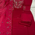 Beautiful Rani Pink Marina Silk Embroidery Hand Work Kurta Pant Set for Women