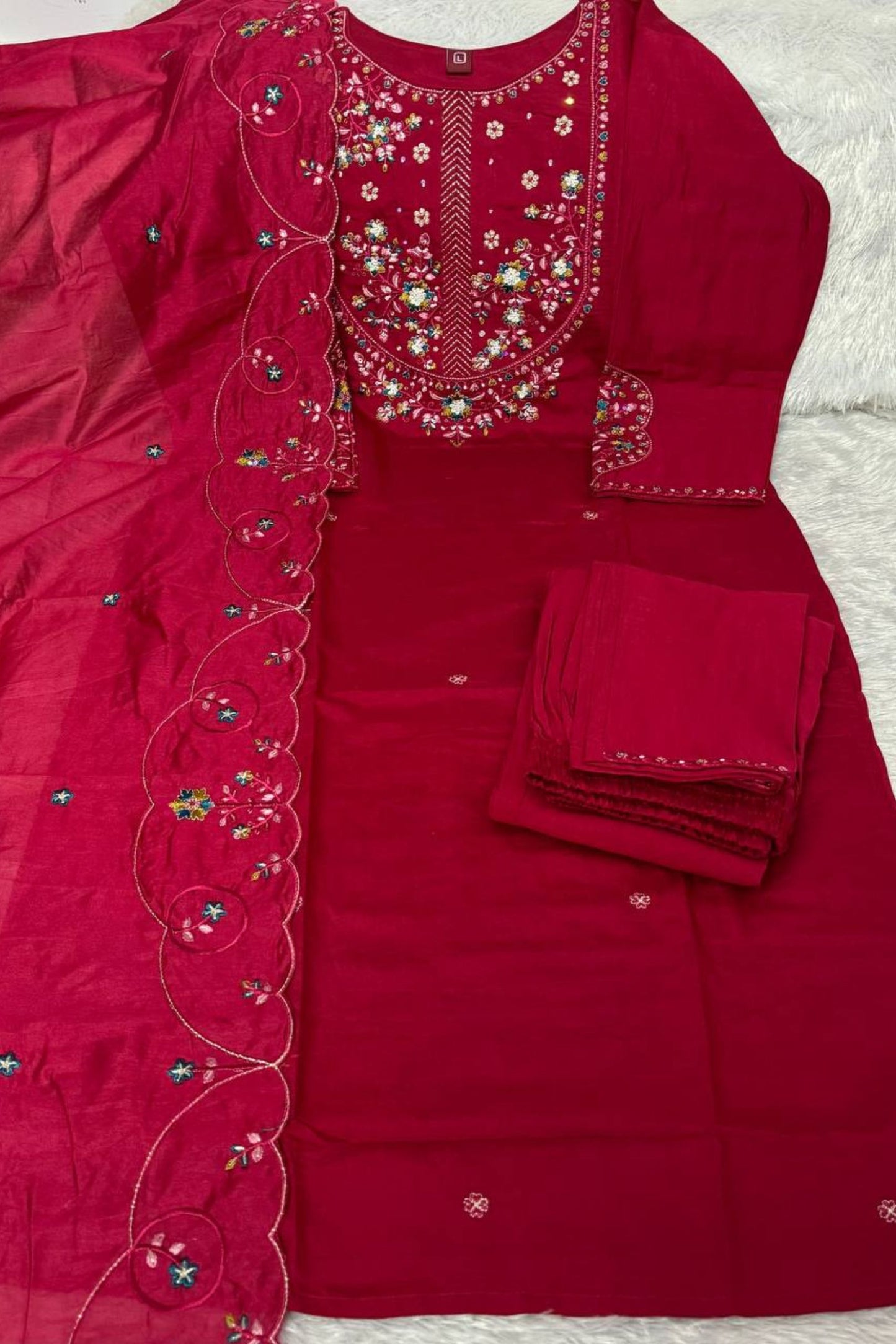 Beautiful Rani Pink Marina Silk Embroidery Hand Work Kurta Pant Set for Women
