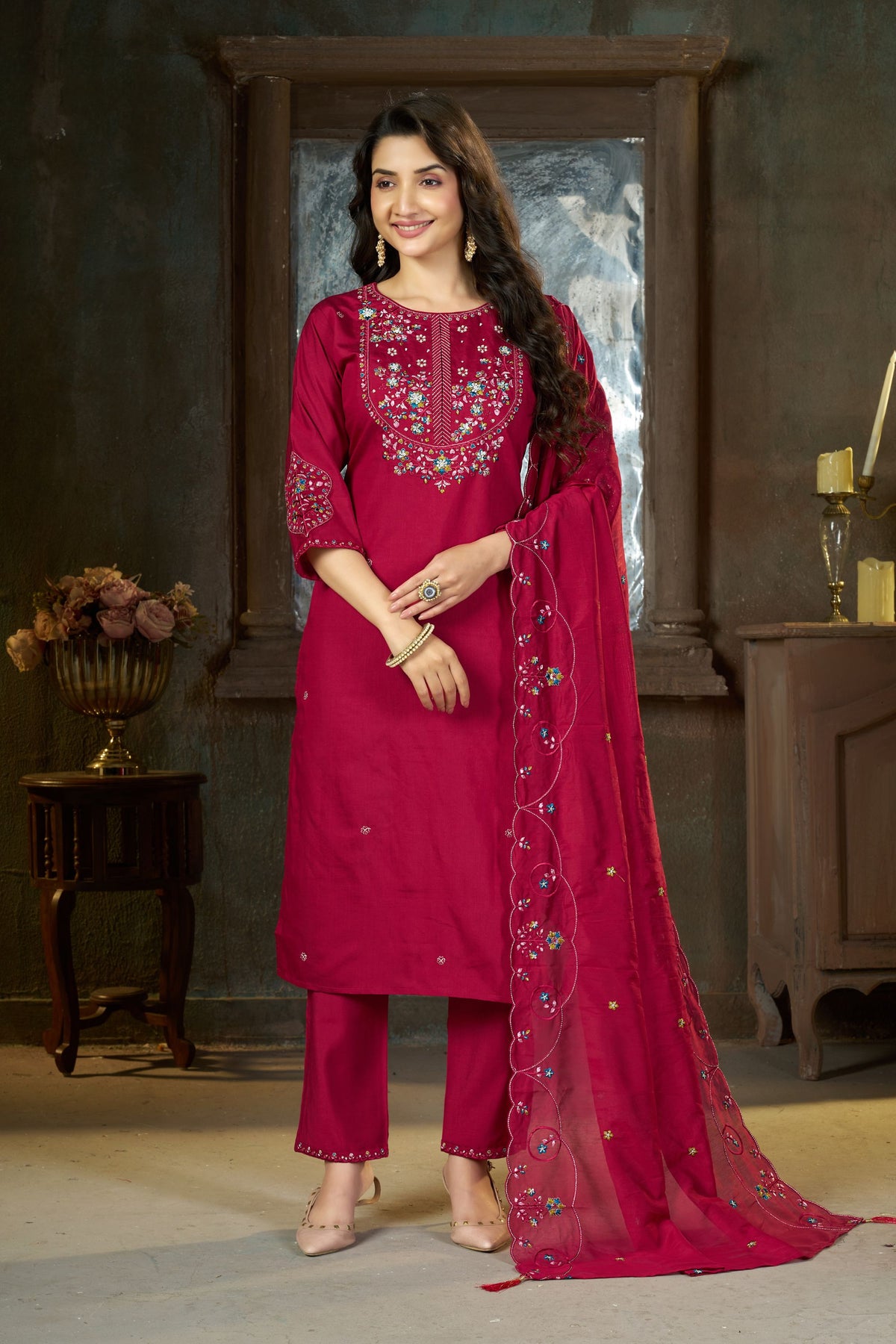 Beautiful Rani Pink Marina Silk Embroidery Hand Work Kurta Pant Set for Women