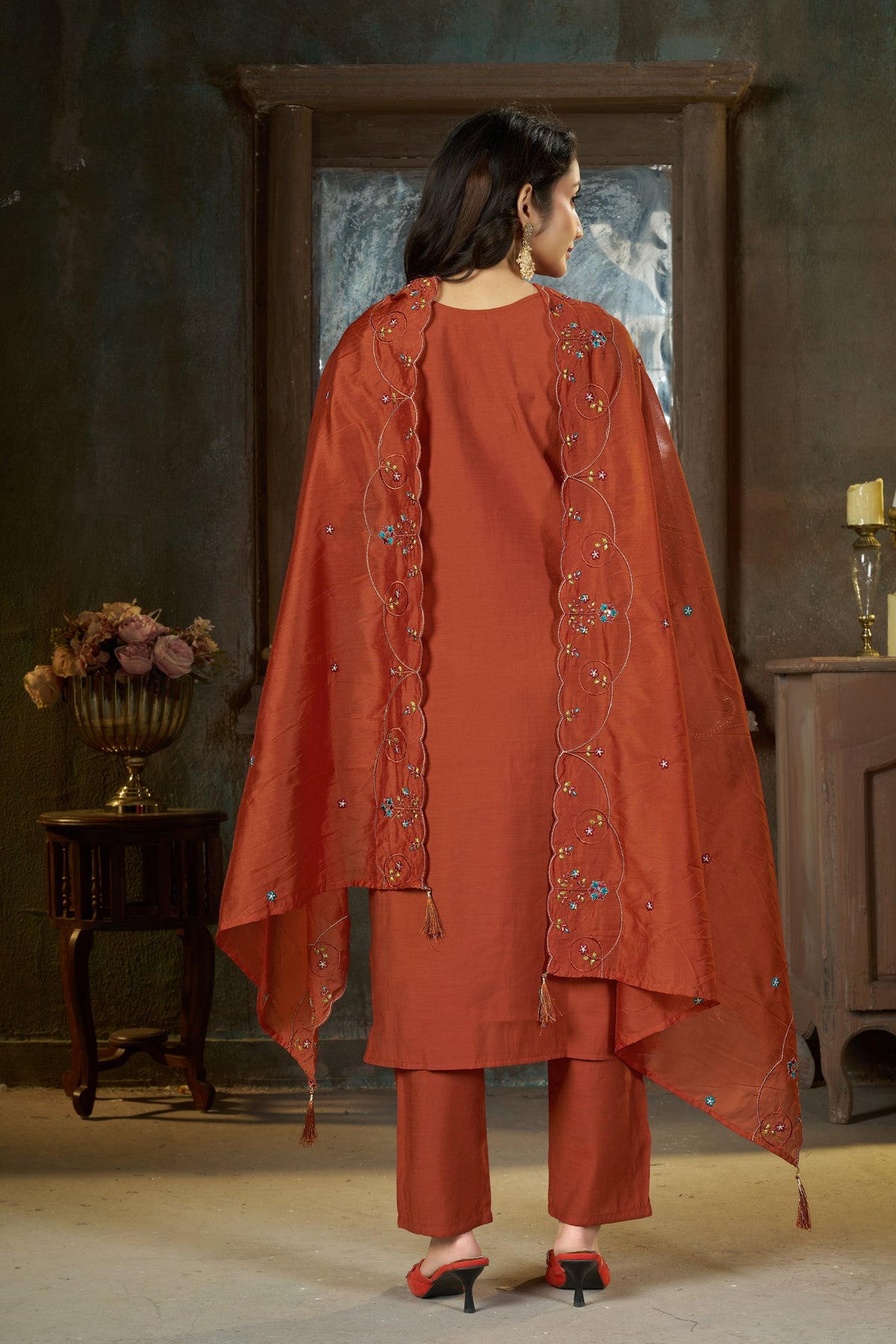 Premium Rust Orange Marina Silk Embroidery Hand Work Kurta Pant Set for Women