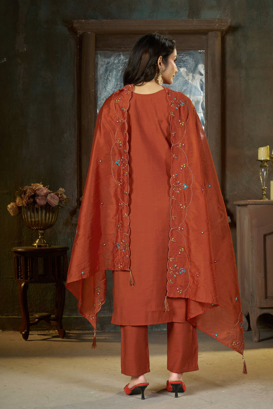 Premium Rust Orange Marina Silk Embroidery Hand Work Kurta Pant Set for Women