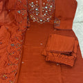Premium Rust Orange Marina Silk Embroidery Hand Work Kurta Pant Set for Women