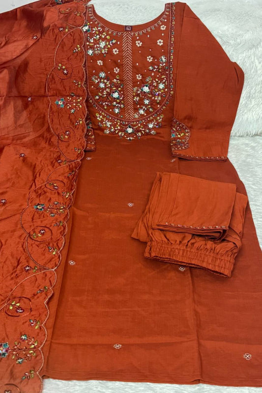 Premium Rust Orange Marina Silk Embroidery Hand Work Kurta Pant Set for Women