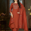 Premium Rust Orange Marina Silk Embroidery Hand Work Kurta Pant Set for Women