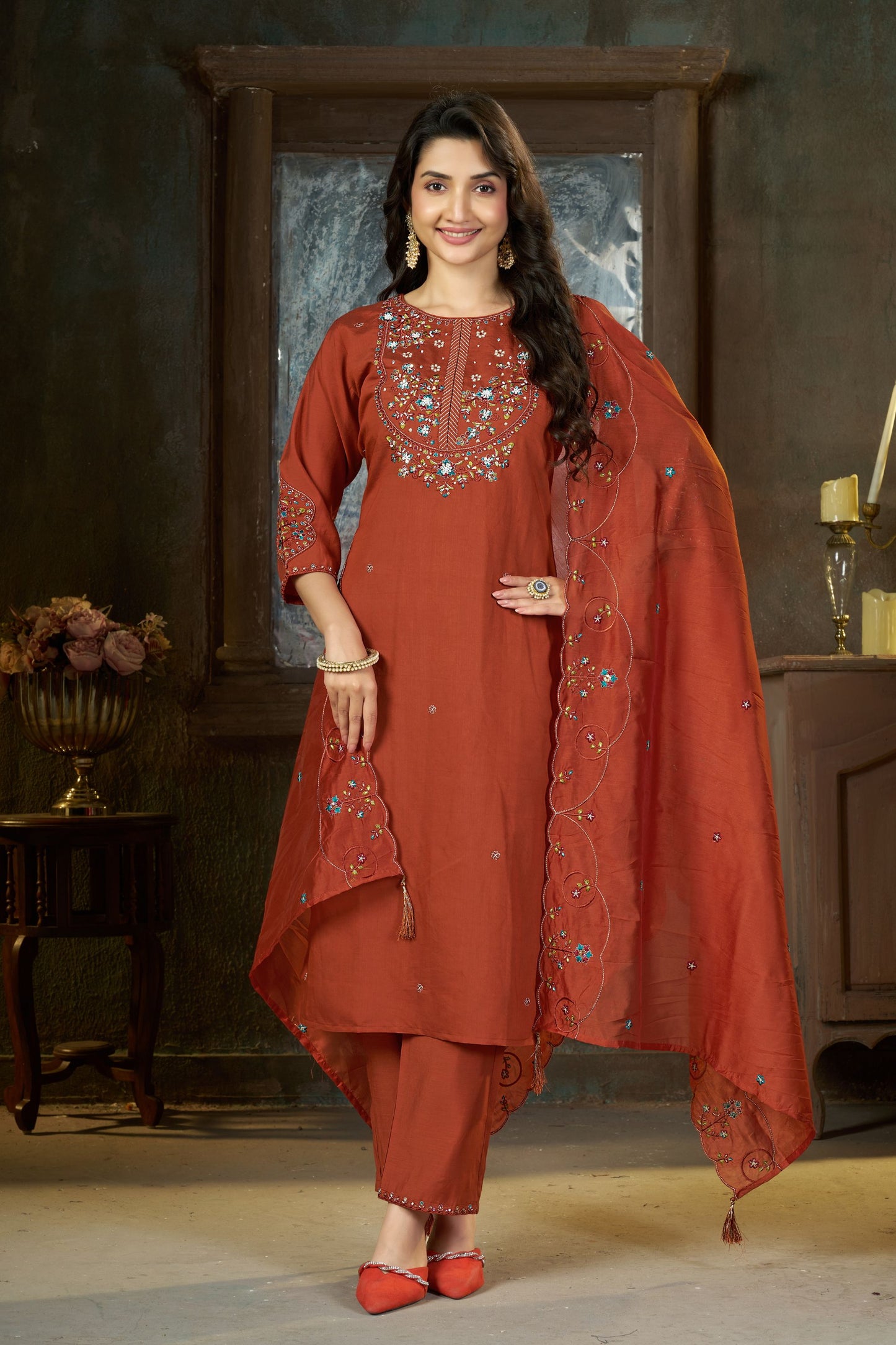 Premium Rust Orange Marina Silk Embroidery Hand Work Kurta Pant Set for Women