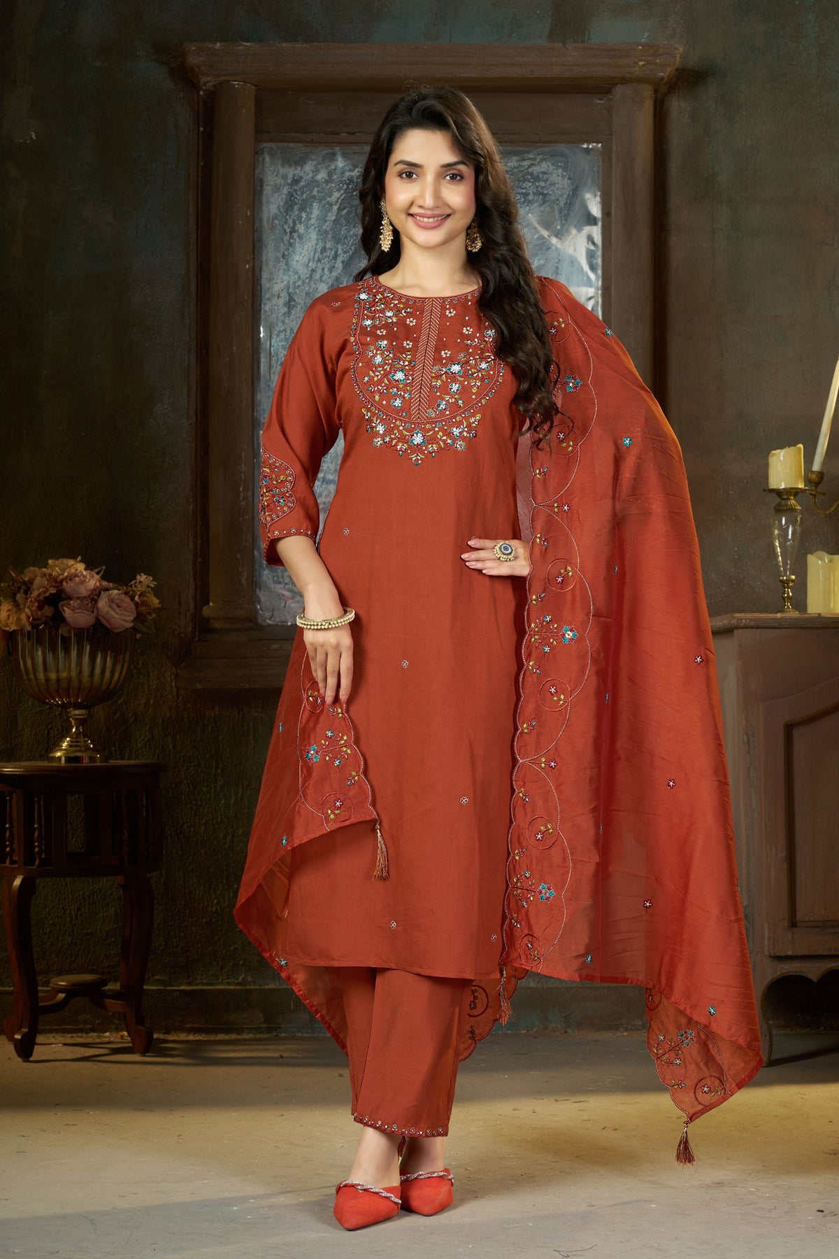Premium Rust Orange Marina Silk Embroidery Hand Work Kurta Pant Set for Women