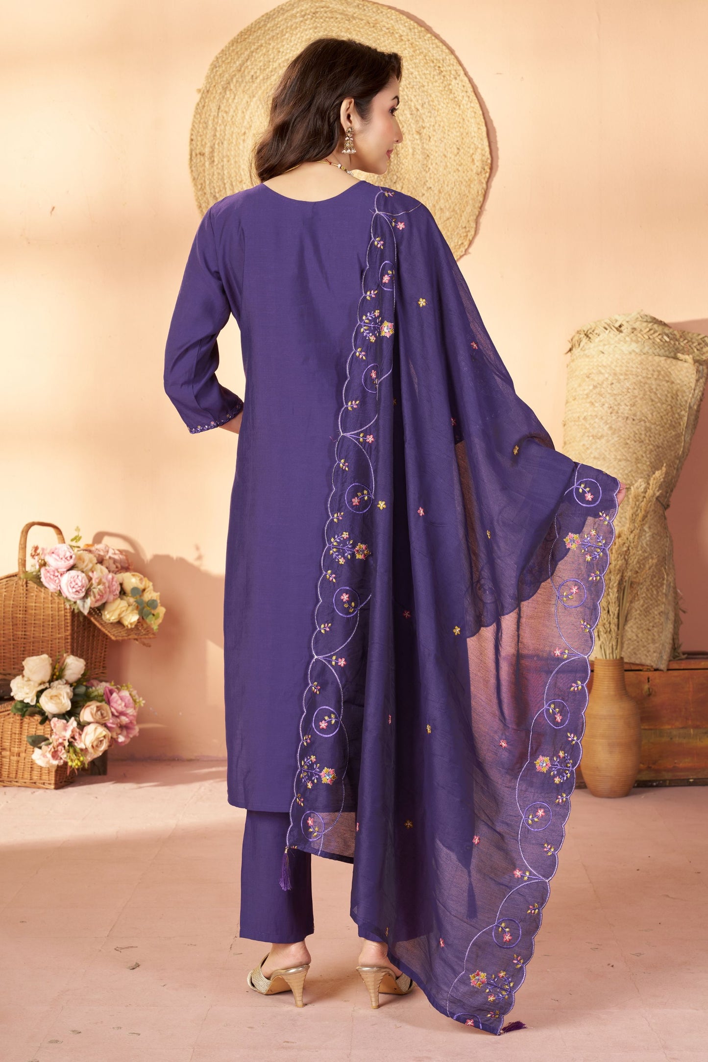 Royal Purple Marina Silk Embroidery Hand Work Kurta Pant Set for Women