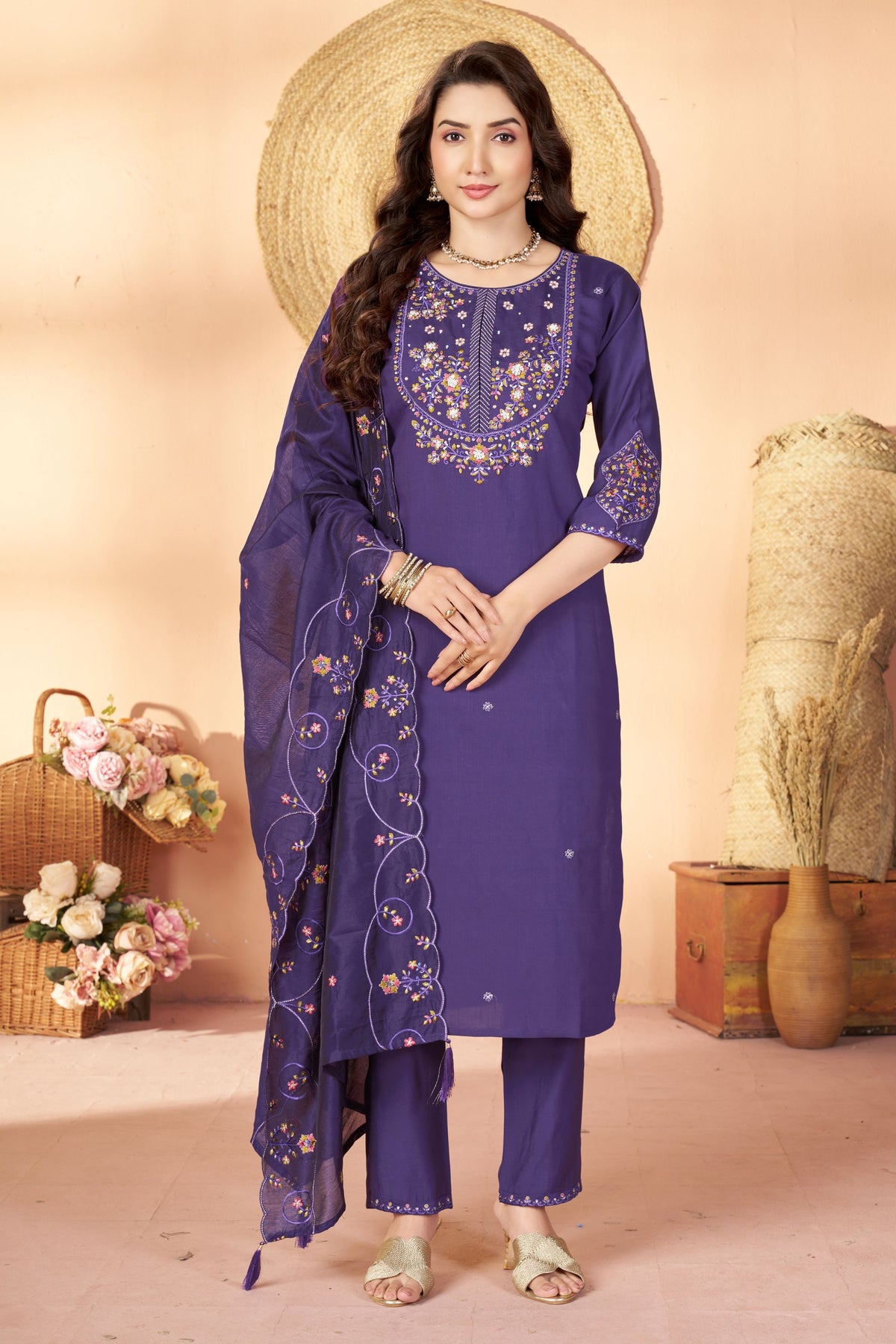 Royal Purple Marina Silk Embroidery Hand Work Kurta Pant Set for Women