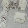 Stylish White Marina Silk Embroidery Hand Work Kurta Pant Set for Women