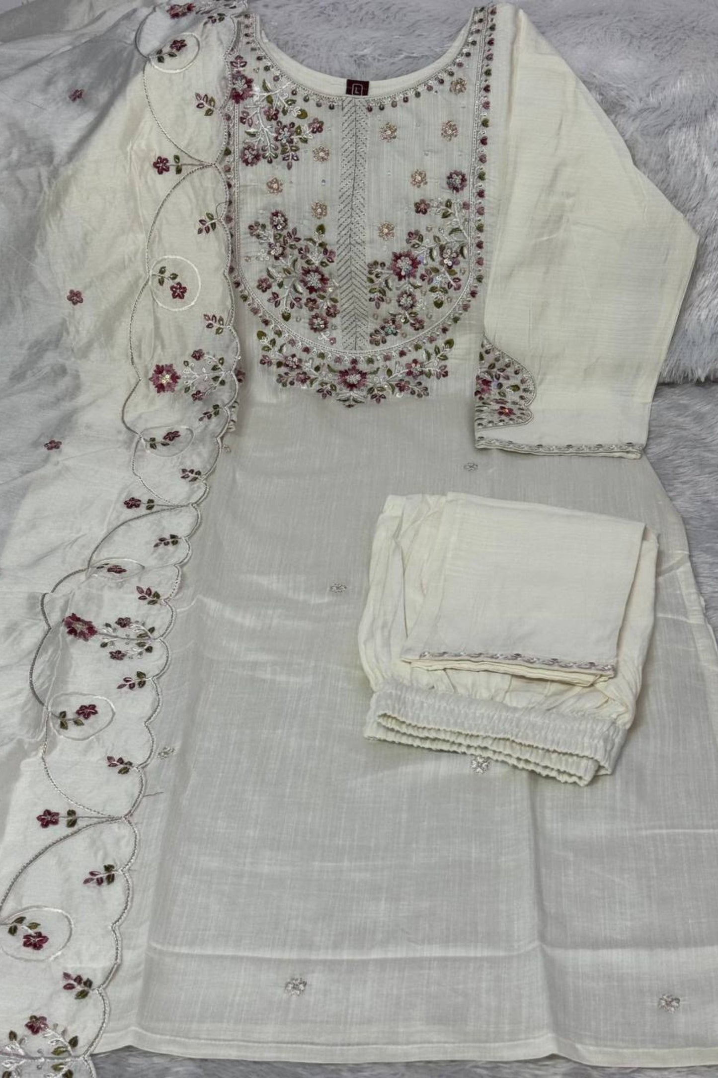 Stylish White Marina Silk Embroidery Hand Work Kurta Pant Set for Women