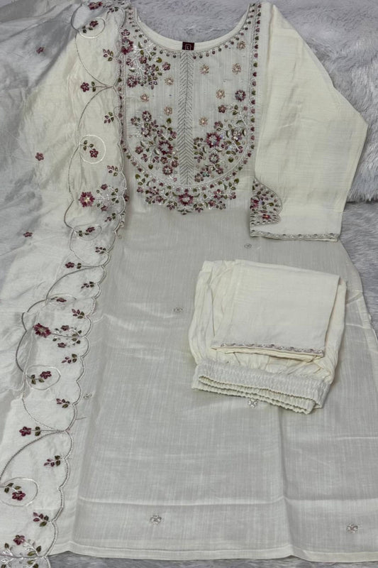 Stylish White Marina Silk Embroidery Hand Work Kurta Pant Set for Women